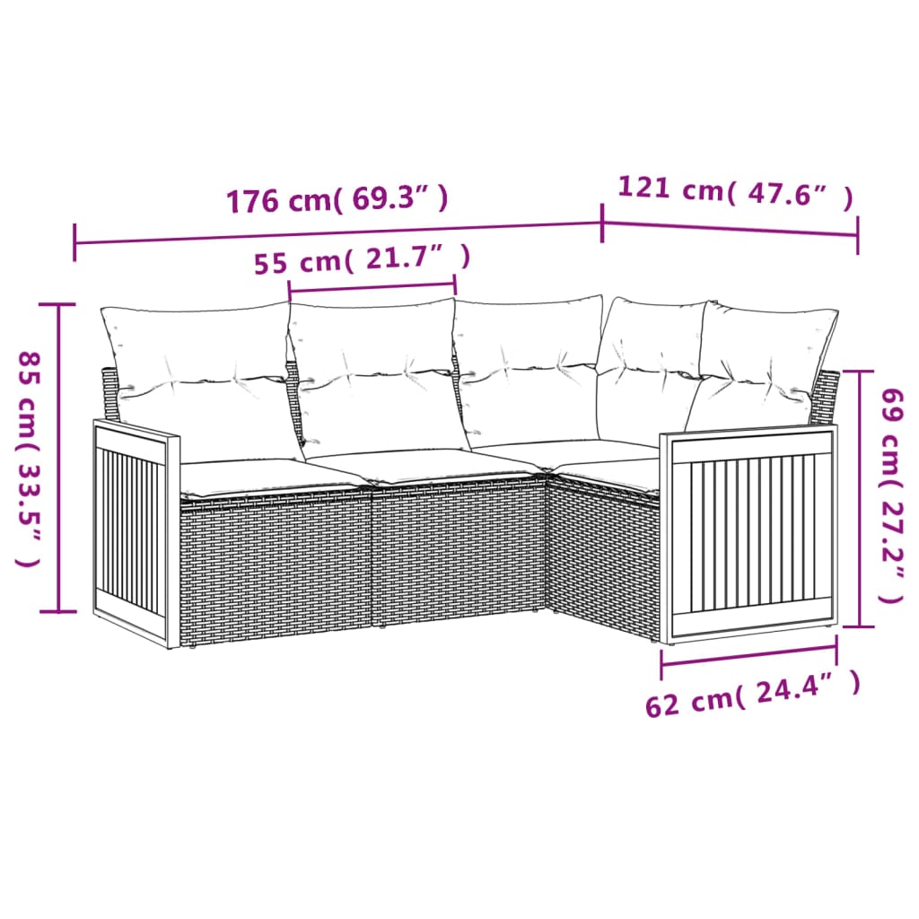 Vidaxl 4-Cz. Garden Lounge Set, Cushions, Grey, Rattan PE