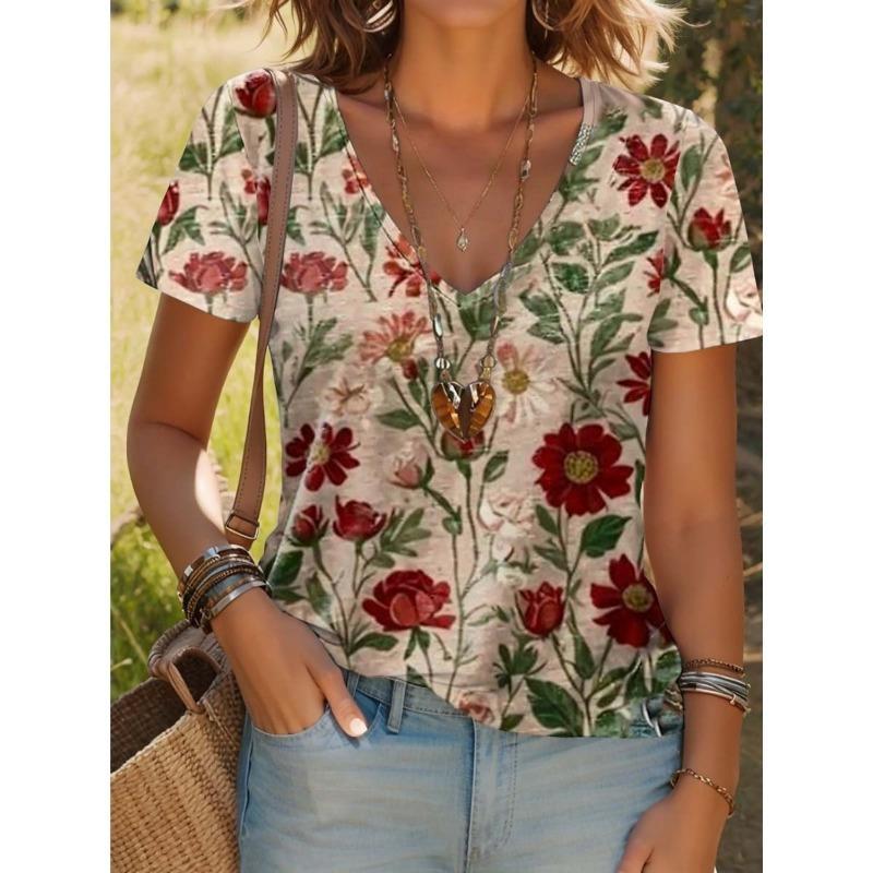 Sommer Neues Damen T-Shirt 3D Vintage Blumendruck V-Ausschnitt Kurzarmshirt Mode Damen T-Shirt Kleidung Y2k Damen T-Shirt
