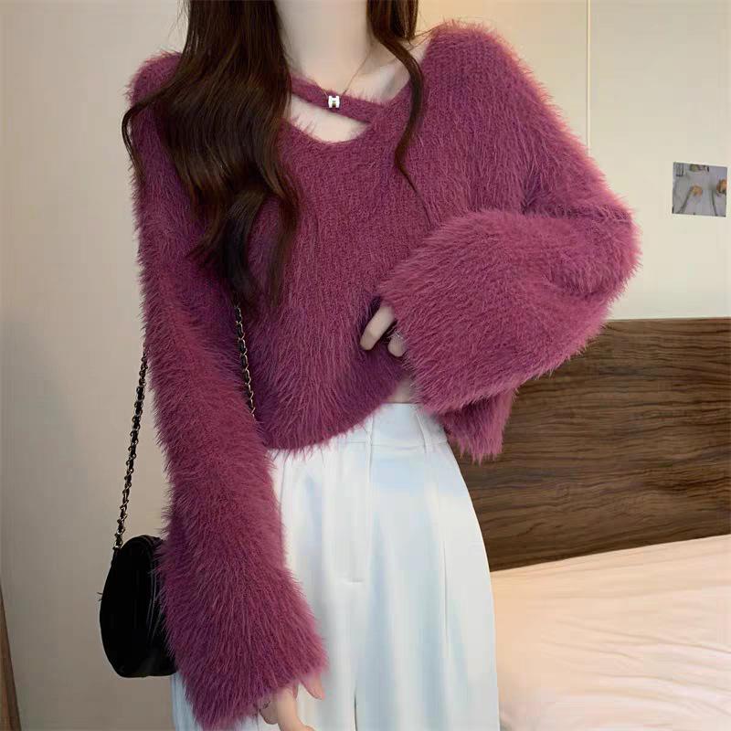 V-neck short soft waxy high-end seahorse sweater women's inner design autumn and winter imitation mink velvet knitted sweater top