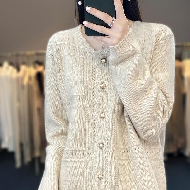 2023 Women's Pure Wool Round Neck Hollow Out Jacquard Knit Cardigan - 100% Cashmere, Loose Fit
