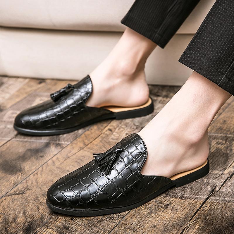 New British Fitting Room Half-tray Leather Shoes, Foot Cover Tassel Block Flower Leather Shoes, Men's Casual Slippers, Leather Shoes