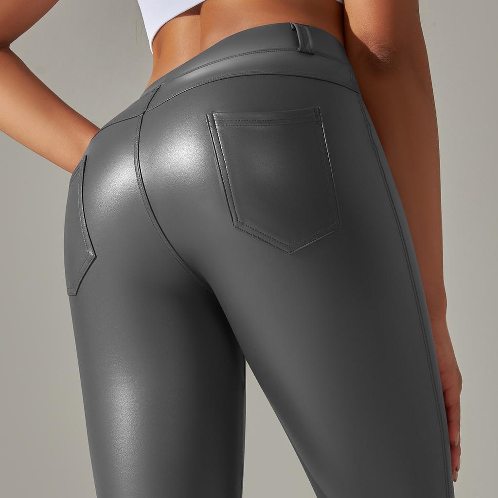 European and American New Sexy PU Leather Pants Large Size Belly Leggings Sports with Pockets Small Pants Abraded Leggings