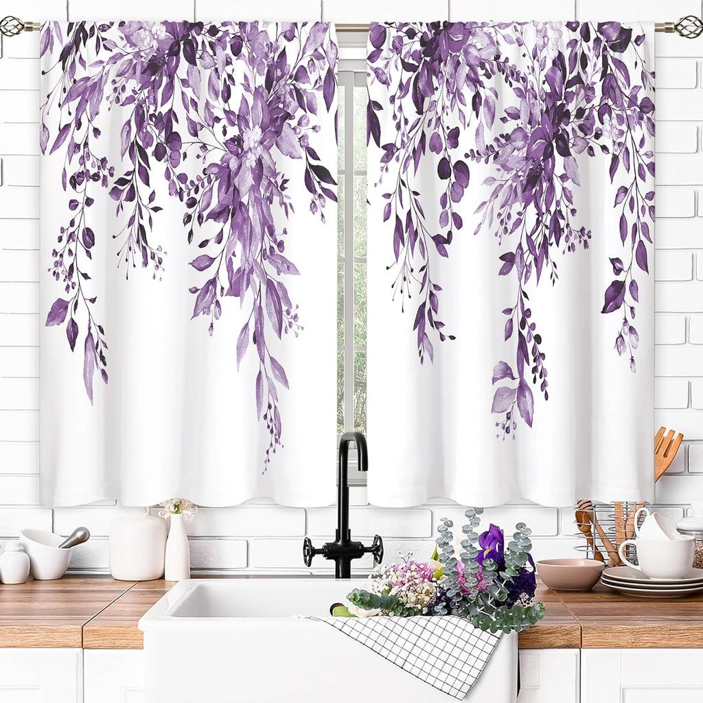 Eucalyptus Botanical Leaves Purple Floral Kitchen Window Curtains Over Sink Farmhouse Flower Leaf Small Window Treatment Cafe Sh