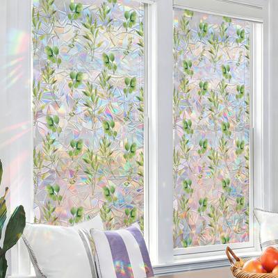 4 Sheets Rainbow Floral Window Privacy Film Stained Glass Decorative Decals Sun Blocking Heat Control Static Glass Clings for Bedroom Living Room