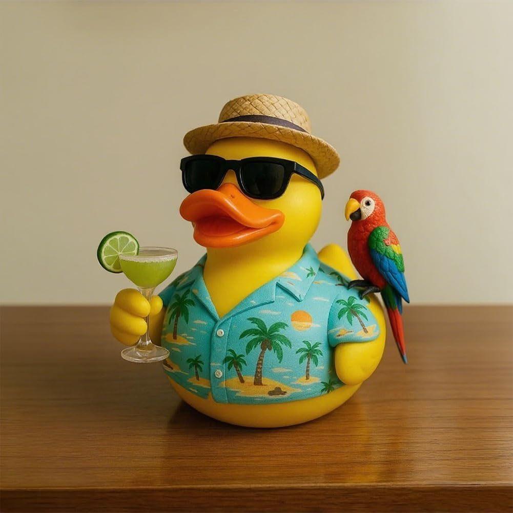 Margaritaville Inspired Jimi BFT Duck Statue , Resin Tropical Decor with Parrot , Lemon Drink, Hawaiian Shirt Beach House Collectible