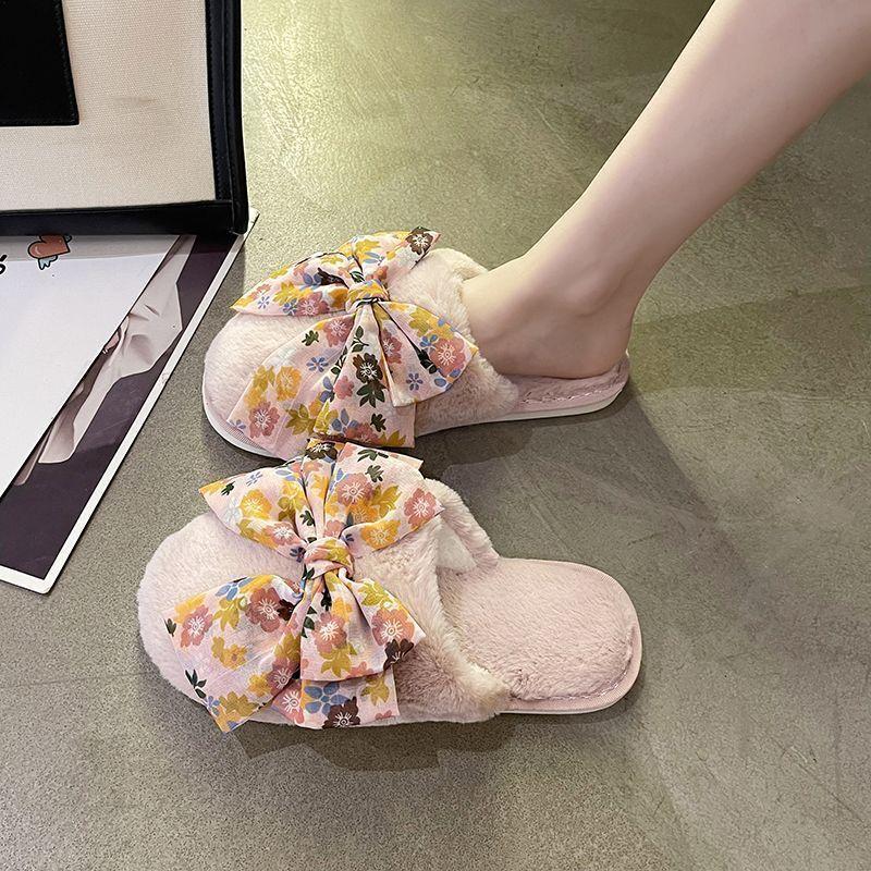 Cute bow flat-bottomed plush slippers for women 2025 home non-slip, breathable and cold-proof versatile cotton slippers for women