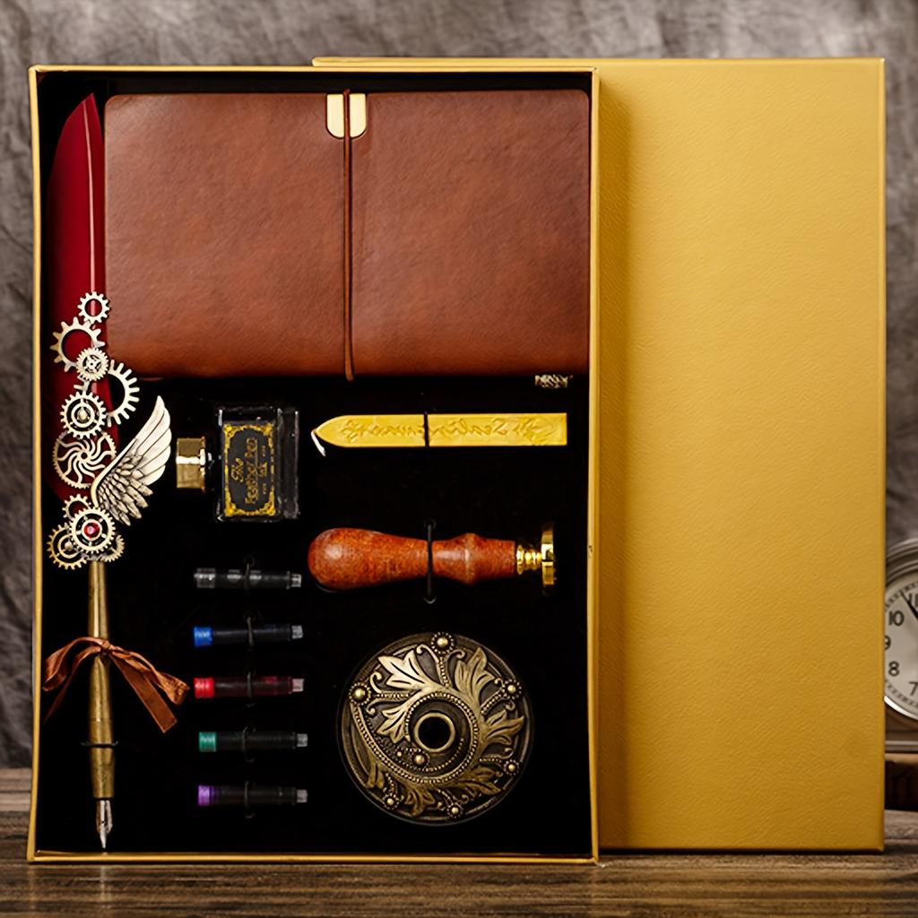 Retro Tüy Kalem Mürekkep Hediye Kutusu Seti, Defter ve Mühür Mumu ile, Ofis Yazımı/Babalar Günü/Okul Dönemi/doğum Günü/Hediye İçin Uygundur