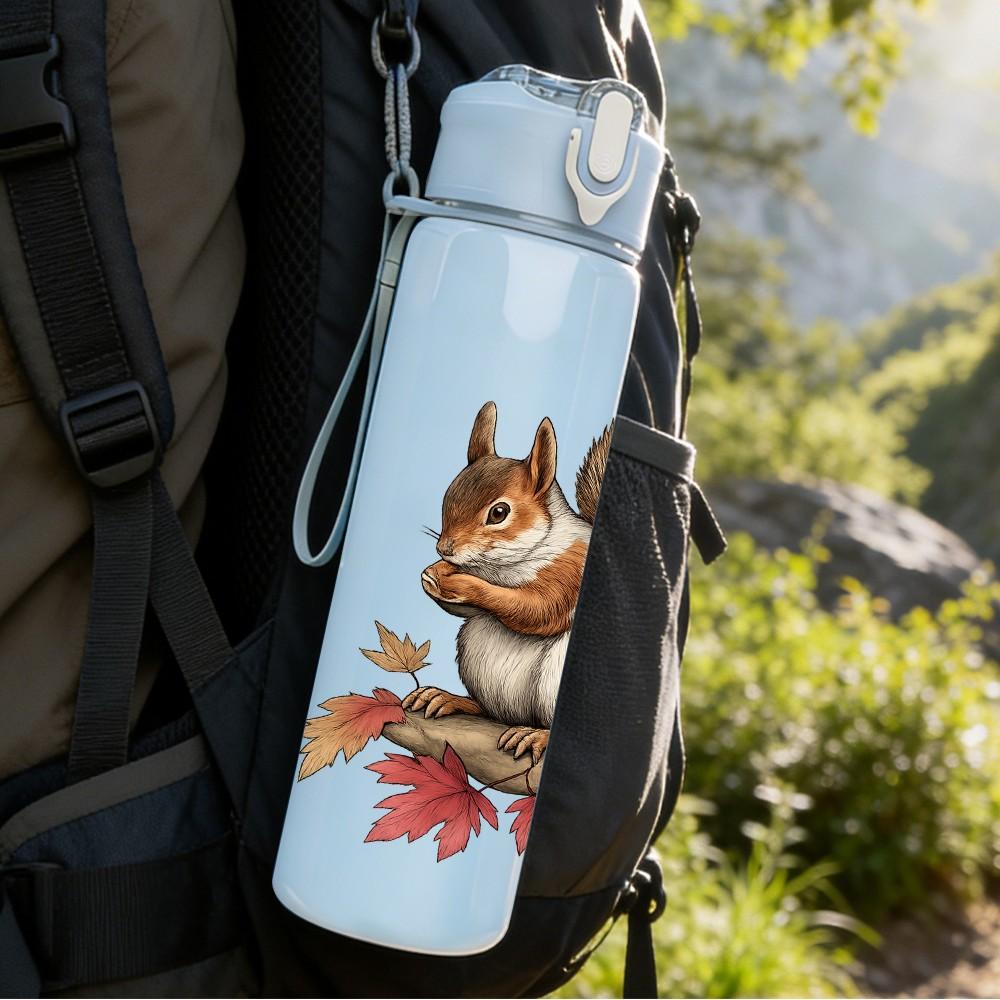 1PC Autumn Leaf Squirrel Print 750ml Color Plastic Sports Water Bottle Leakproof Flip Straw Lid Suitable for Sports Office Home Use