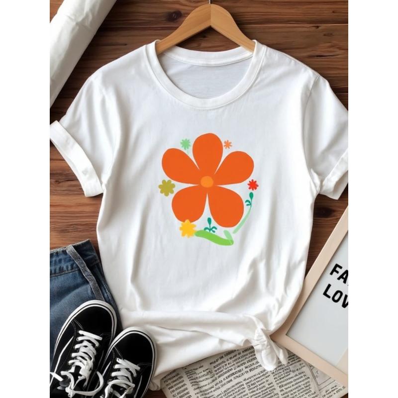 

A Vibrant Orange Flower T-Shirt, Casual & Comfortable Style, Perfect for Spring Outdoors or Festivals S белый