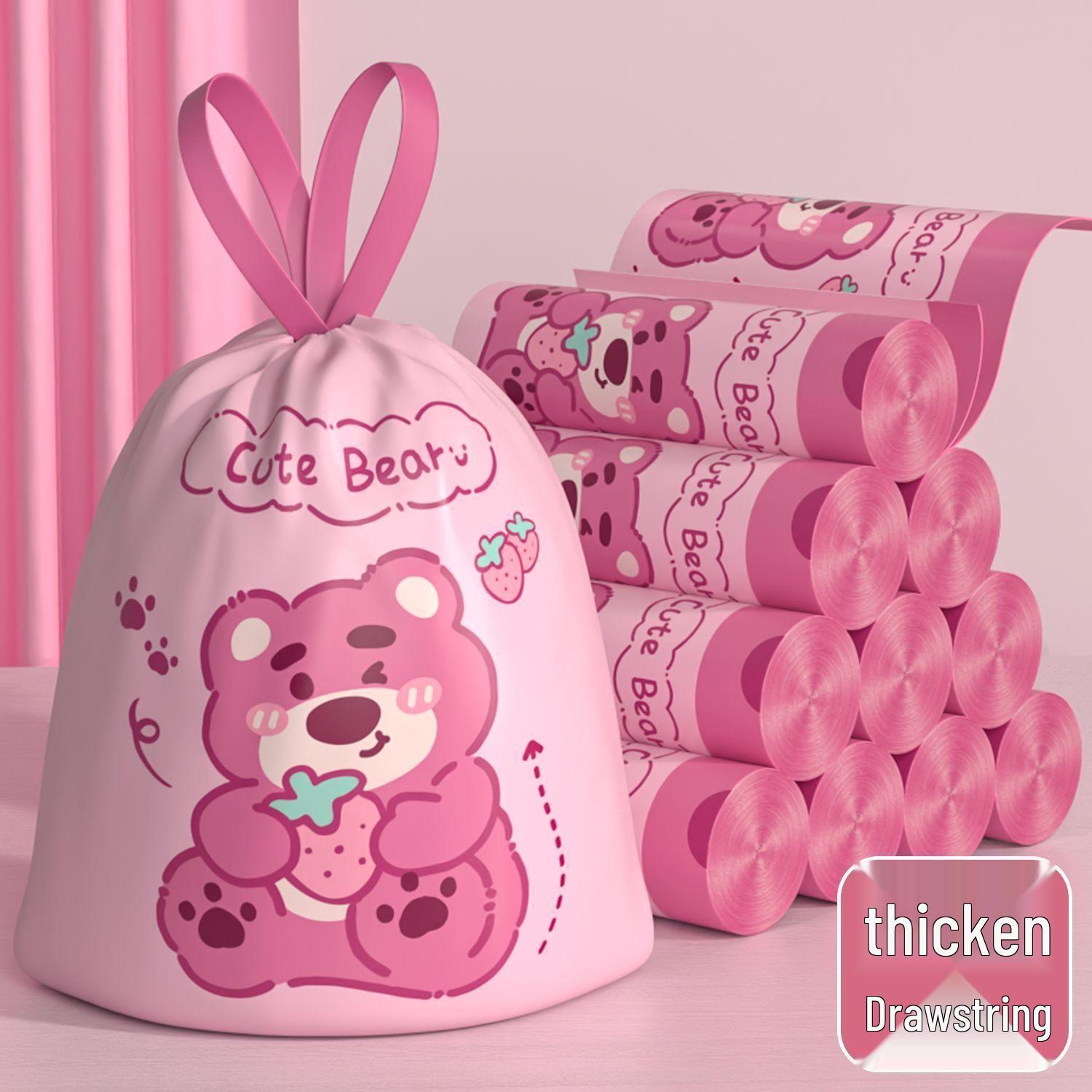 Strawberry Bear Cartoon Drawstring Kitchen Trash Bags - Tear-Resistant, Thickened Design