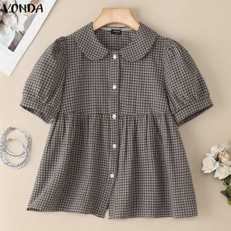 VONDA Women Doll Collar Puff Sleeve Button Up Plaid Blouse Tops