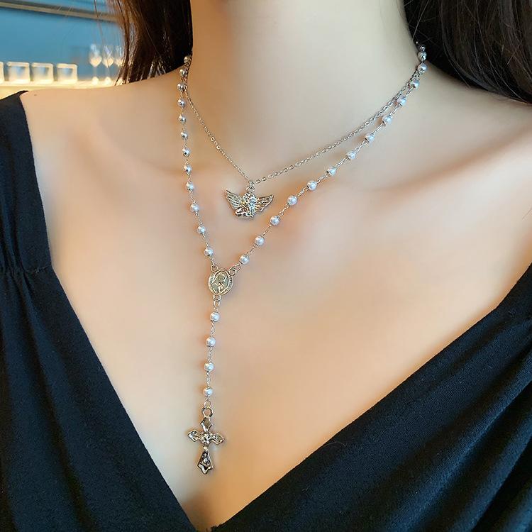Simple Light Luxury Multi-Layer Cross Virgin Angel Round Brand Pearl Cross Collar Sweater Chain Necklace