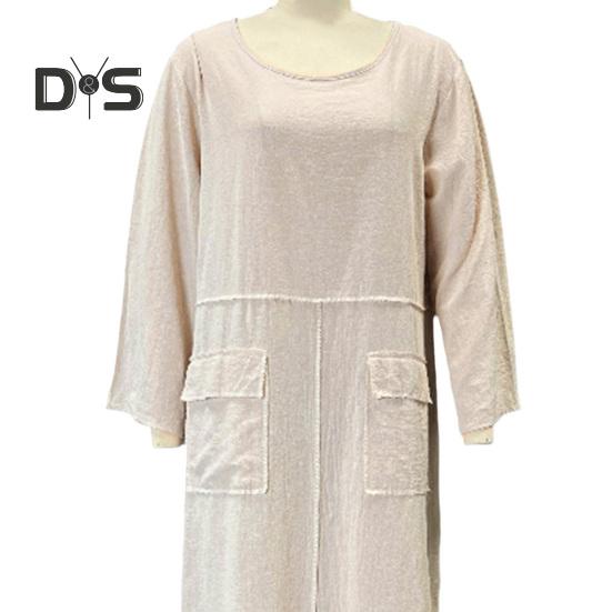 Langarmkleid für Damen, lockere Passform, einfarbig, langes Kleid mit Taschen, Rundhalsausschnitt, A-Linien-Spleißkleid im Retro-Stil für Büro, Alltag, Strandparty