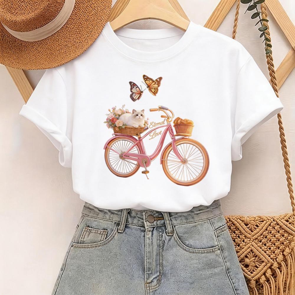Floral Butterfly with Bicycle Print Casual T-Shirt Graphic Print Design Round Neck Tees Tops Spring Summer Short Sleeve T Shirt S
