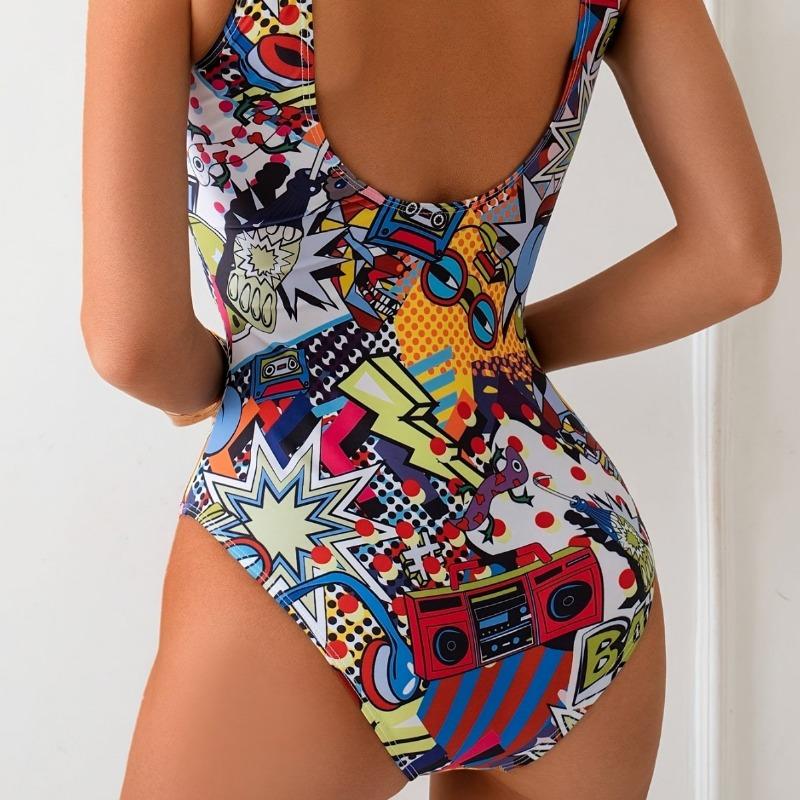 Damen Europäischer Amerikanischer Stil Sexy Cartoon-Print Hoher Bund Schmaler Badeanzug aus einem Stück