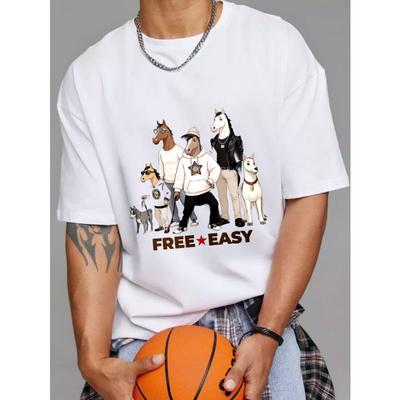 Baumwoll-T-Shirt Weißes Pferd und Hund Cartoon-Druck Frei Einfacher Text Freizeitkleidung für Männer