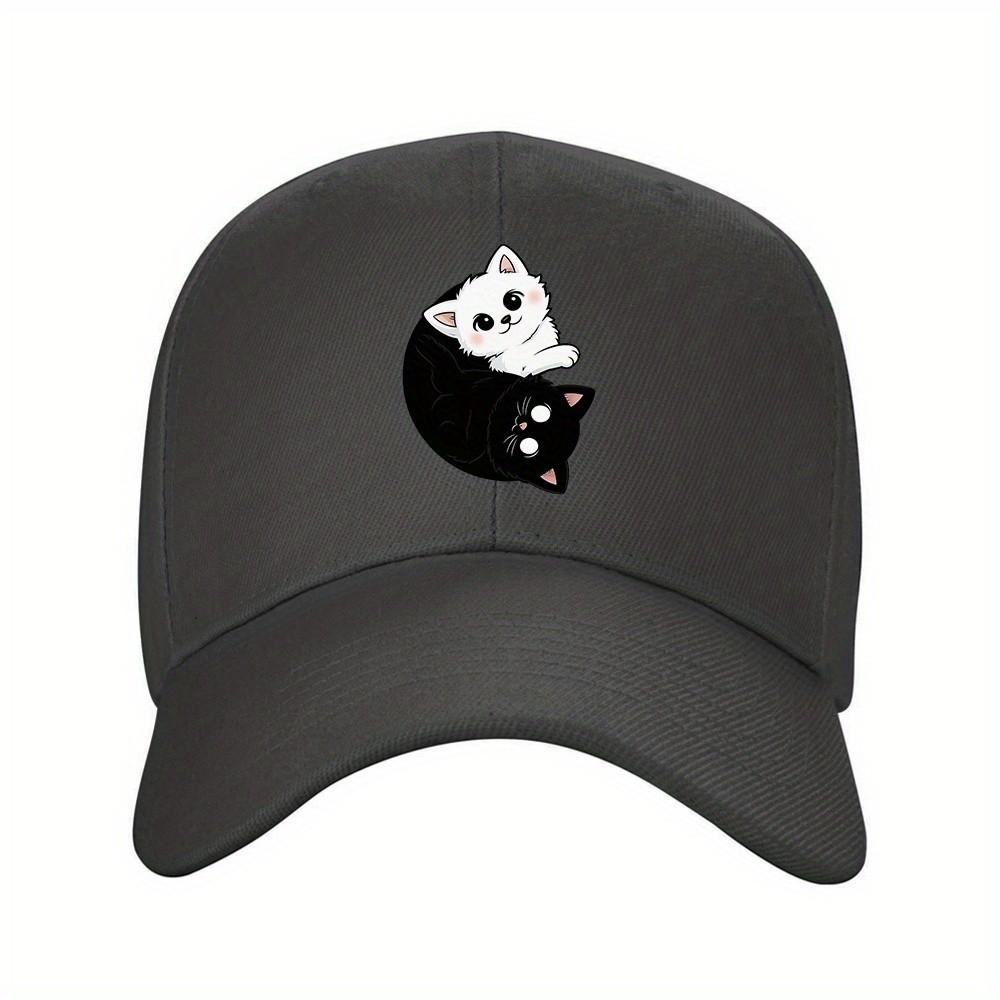 Yin Yang Kitten Design Baseball Cap Polyester Adjustable Unisex Casual Outdoor Sports Hat Gift for Cat Lovers