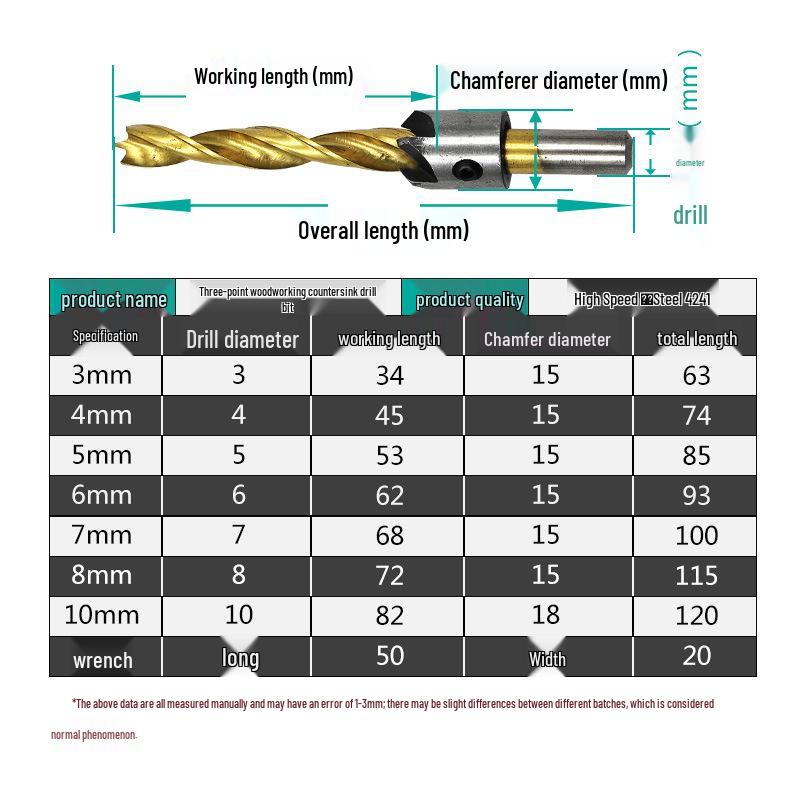 Three-Point Woodworking Countersink Drill Bit Set