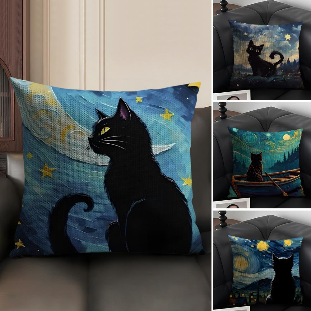 Black Cat Cute Cushion Cover Natural Linen Organic Fabric DoubleSided Printing Sofa Home Decor Gift Pillow Case
