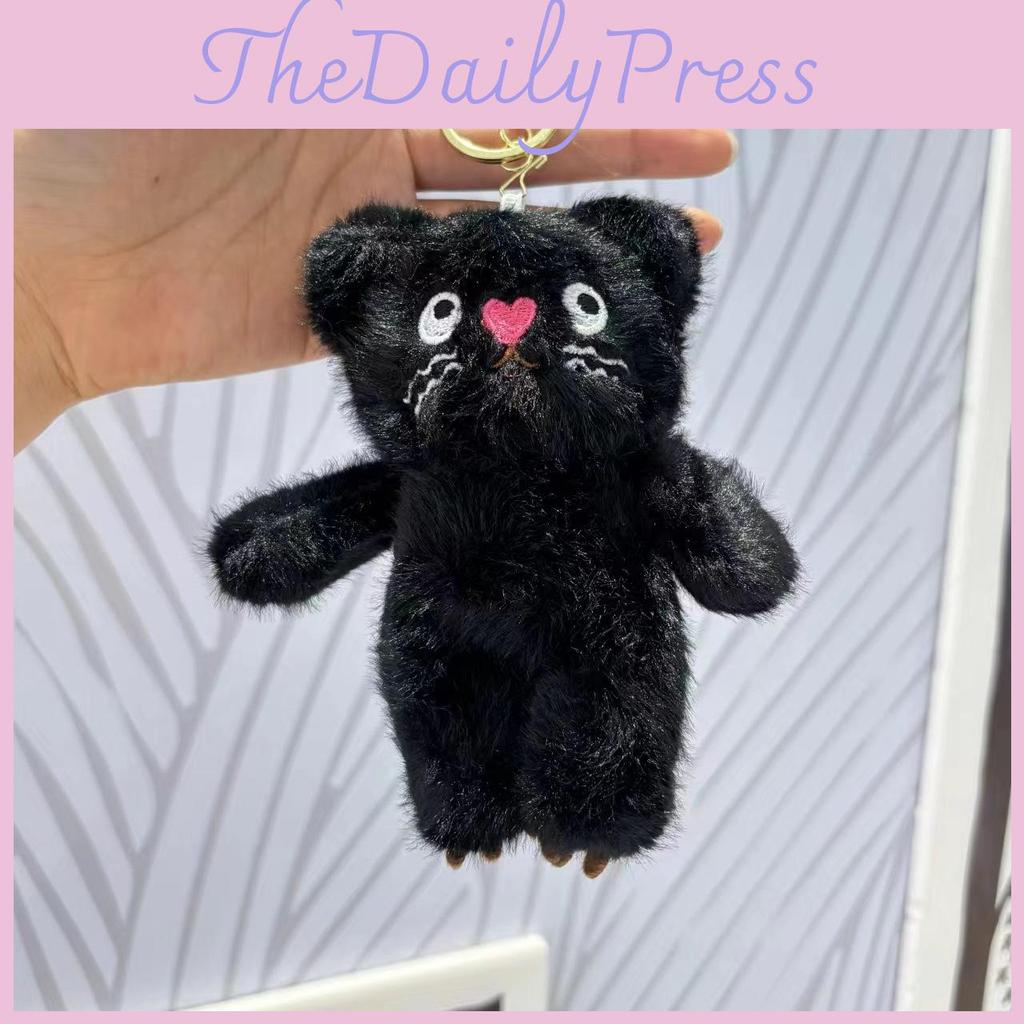 Delightful Black And Pink Cat Plush Doll Keychain With Soft Material For Bag Decorations
