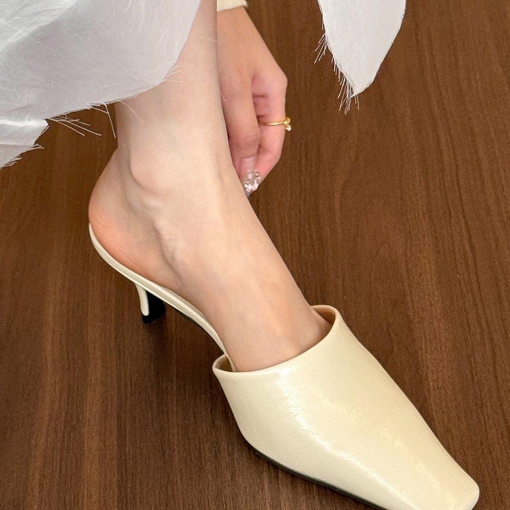 Cream French Square Head Half Slippers Women's Outwear 2025 Spring Muller Stilettos