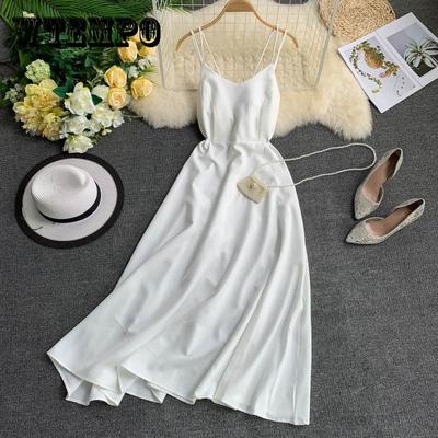 Summer Holiday Dress Cross Spaghetti Strap Open Back Solid Beach Style Ankle-Length Women Dresses