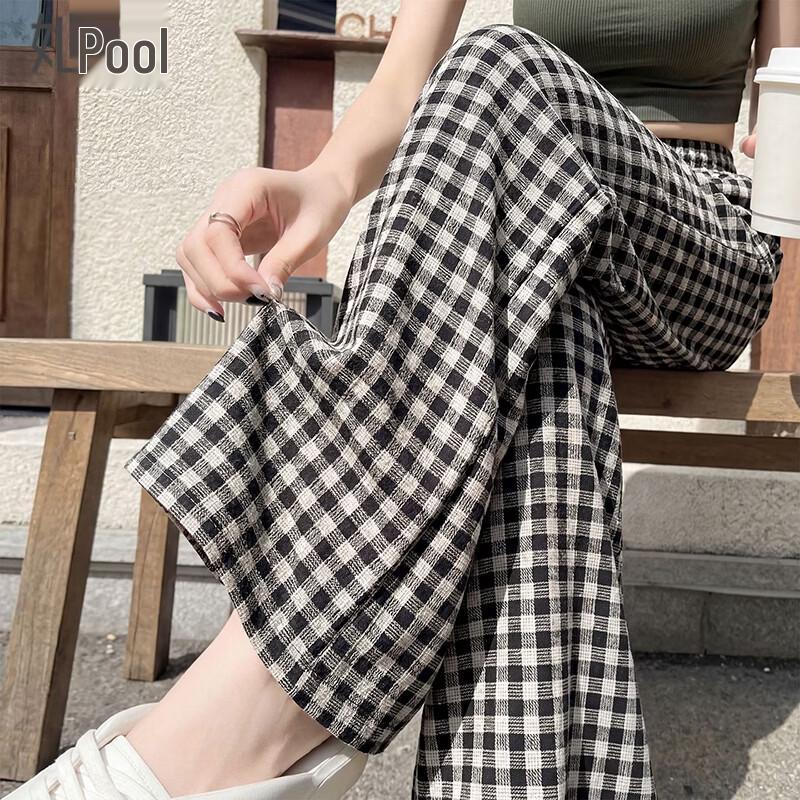 Women s Vintage Plaid Drawstring Wide-Leg Casual Pants One Size