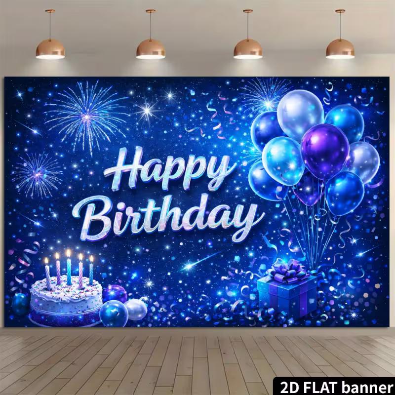 Sfondo fotografico 2D Buon Compleanno, Striscione per Festa a Tema Palloncini Blu e Fuochi d'Artificio