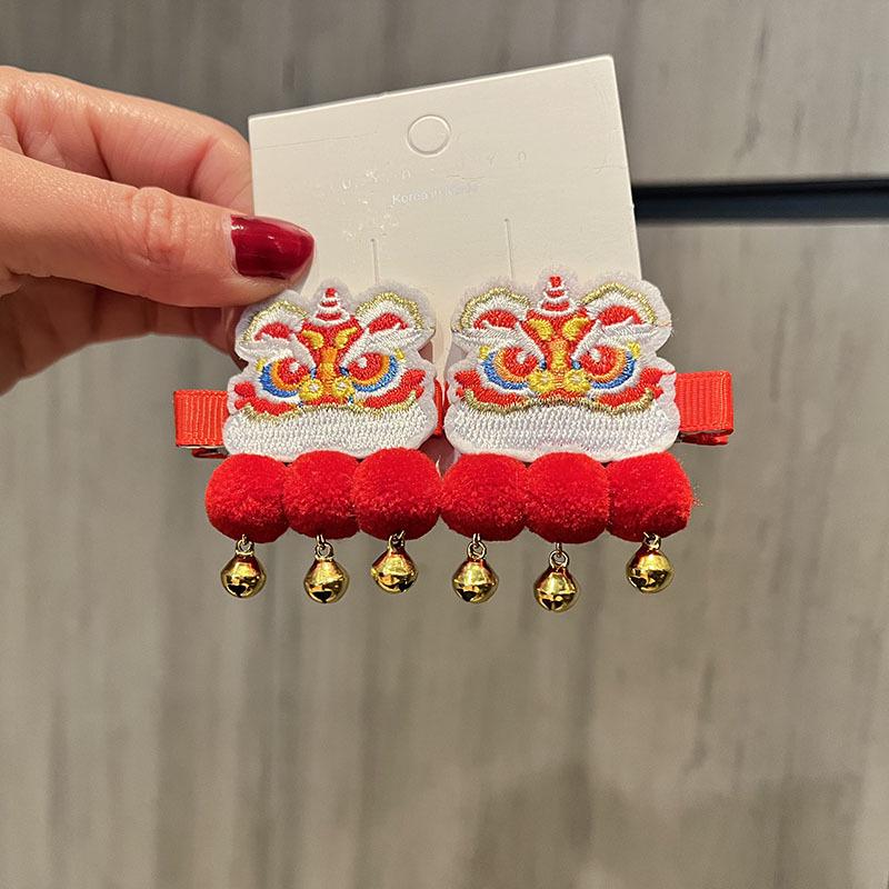Red New Year Pearl Tassel Pompon Hair Clips for Children - Hanfu Style