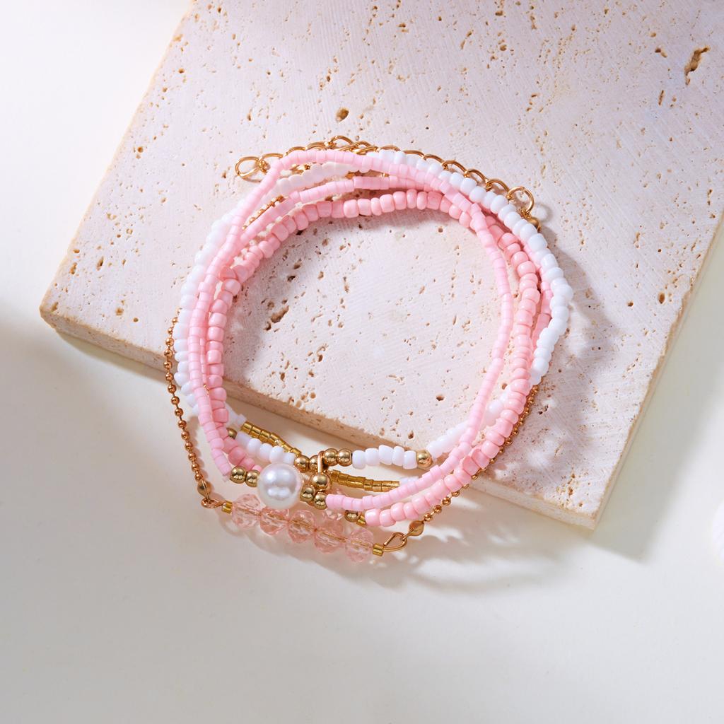 Handmade Pink Crystal Rice Beaded Bracelet for Women Minimalist Beads Elastic Rope Bracelet Summer Holiday Party Jewelry Gift