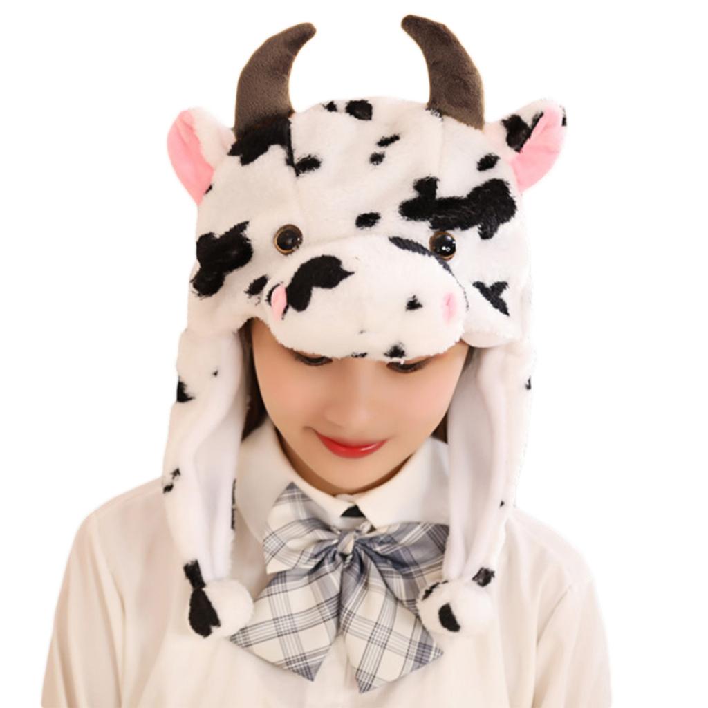 Warm Hat with Jumping Ears Party Stuffed Cow Ox Horn Toy Fleece Cap for Kids