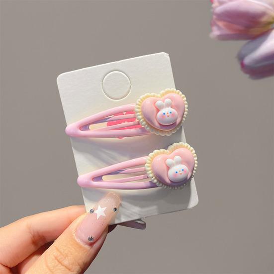 4Pcs Girl Hairpins Cartoon Rabbit Heart Design BB Clips Low Saturation Pink Hair Pins School Dating Hair