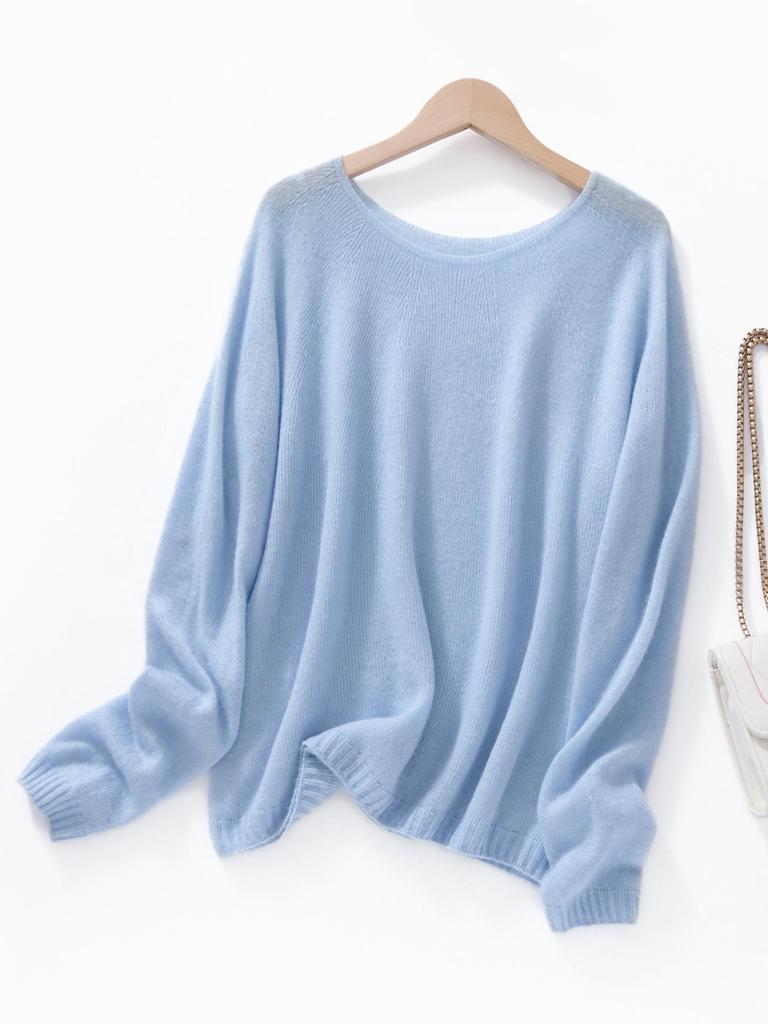 Royal Velvet Series: Women's One-Shoulder Loose Knit Pullover - Mulberry Silk, Cashmere & Wool Sweater