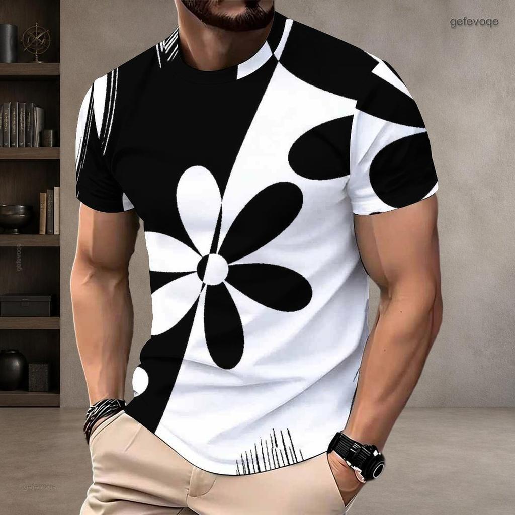Men Plus Size Round Neck Short Sleeve T Shirt Black White Swirl Stripe Printed Pullover Straight Hem