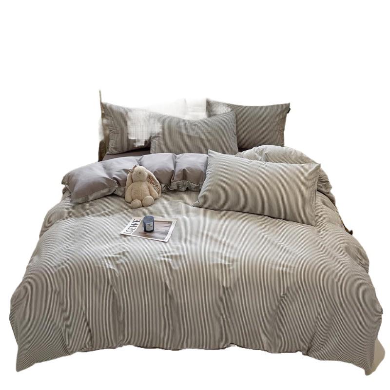 New 100% Cotton Simple Stripe Bedding Set – Includes Duvet Cover, Fitted Sheet, and Four-Piece Set for Dorms