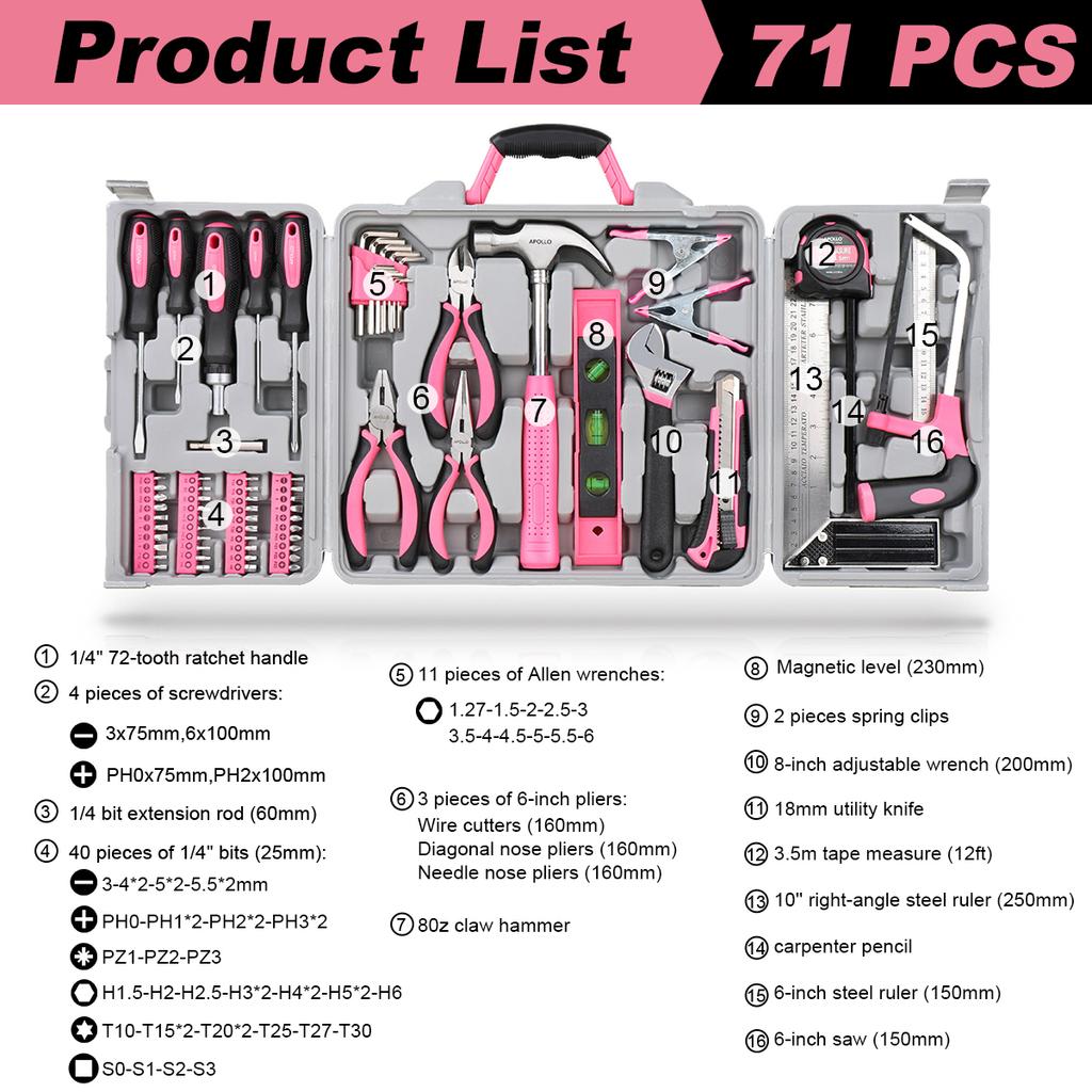 Tool Set General Household Toolkit with Toolbox Storage Case, Ladies Basic House DIY Tool Kit Set for Home Garage Office Use