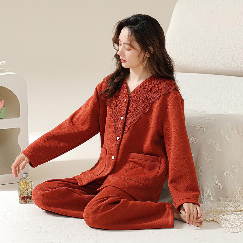 Pajamas Ladies Spring And Autumn Thickened Pure Cotton Long Sleeve Sandwich Air Cotton Autumn And Winter Sandwich Middle-Aged Mom Loungewear