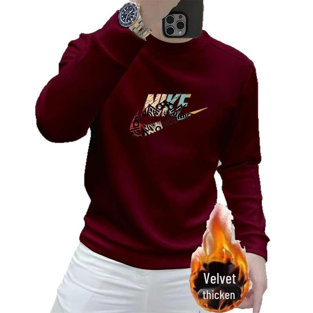 Men's Fleece-Lined Thickened Round Neck Sweatshirt - Casual Autumn/Winter Loose Pullover