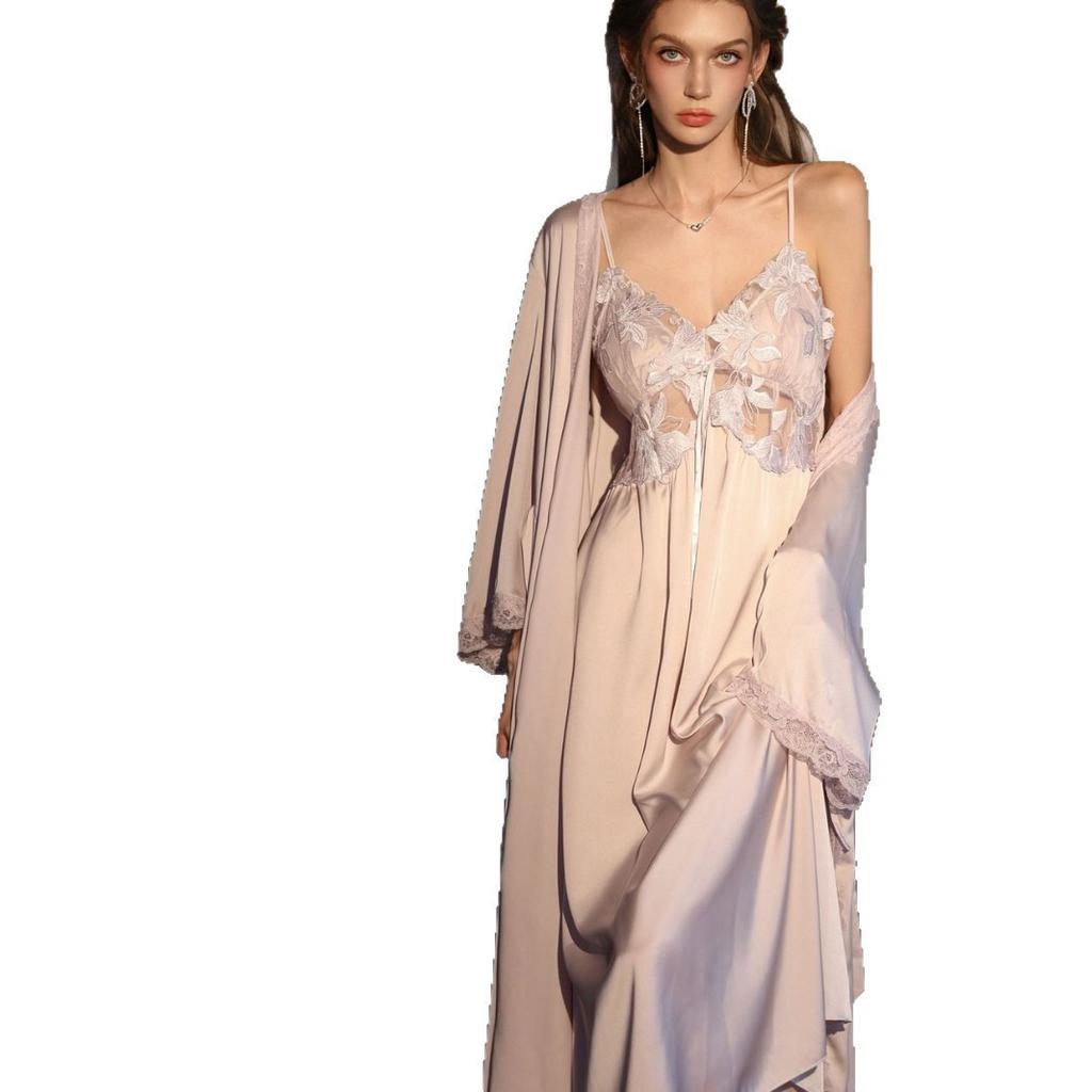 Sexy Pajamas Women's Ice Ribbon Chest Pad French Suspender Pajamas Long Over Knee Magnolia Pure Desire Homewear