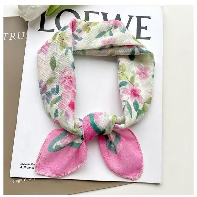 Sunscreen headscarf silk scarf female design cotton and linen small square scarf sweet new pastoral floral scarf light and breathable
