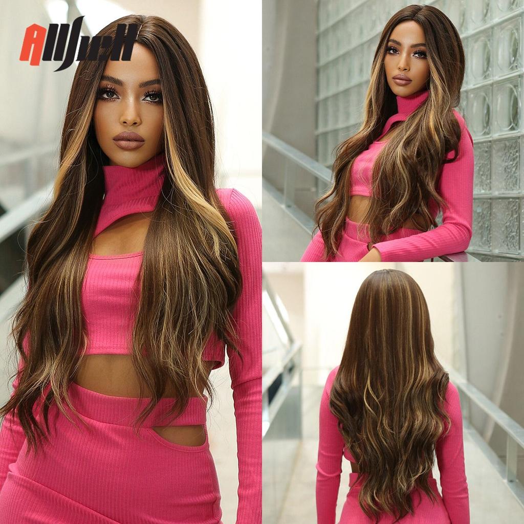 Dlouhé vlnité syntetické paruky tmavě hnědé s blond melír Paruky pro ženy pro každodenní použití Cosplay paruka ve střední části odolná vůči teplu z vlasů