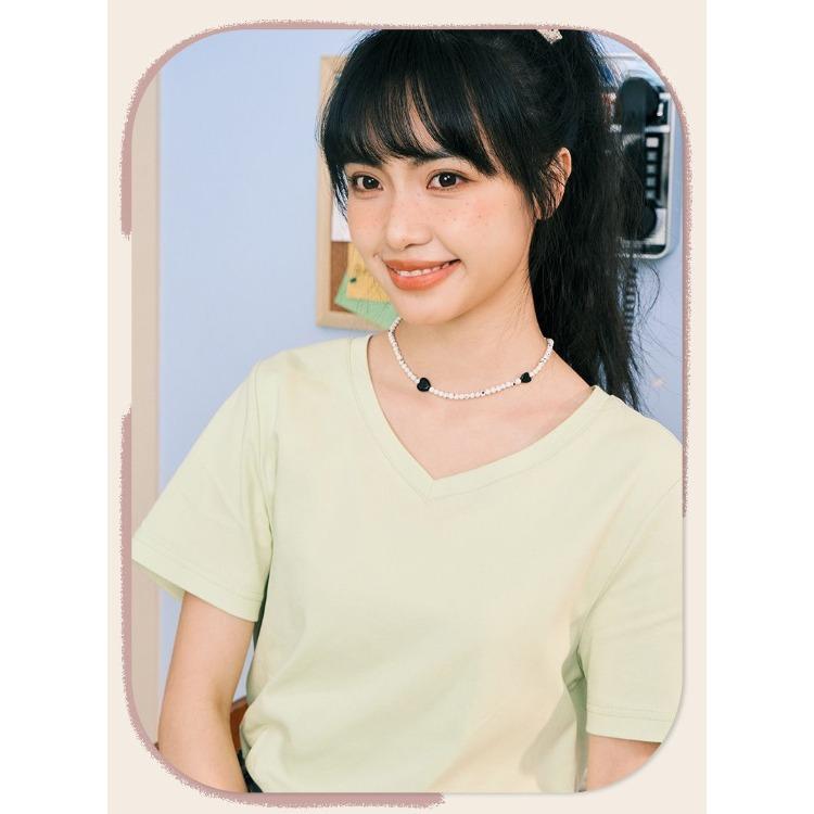 Loose-fit Summer Solid Color Short Sleeve V-neck T-shirt Women's Anti-bacterial Breathable Top Half Sleeve