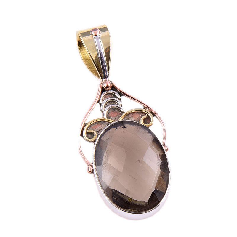 Natural Smoky Quartz 925 Solid Sterling Silver Jewelry TwoTone Pendant 1.5" r9P79