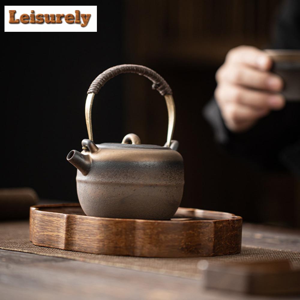 230ml Ancient Early Fired Rough Pottery Teapot Gilded Iron Apple Lifting Beam Pot Tea Maker Kettle Vintage Drinkware Collection