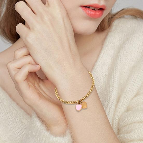 Women Beaded Enamel Bracelet Adjustable Length Heart Charm Titanium Steel Bracelet Stress Relief Happiness Meaningful Jewelry