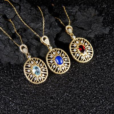 French Retro Gemstone Collarbone Chain Women'S S925 Silver Inlaid With Natural Garnet Topaz Lapis Lazuli Necklace