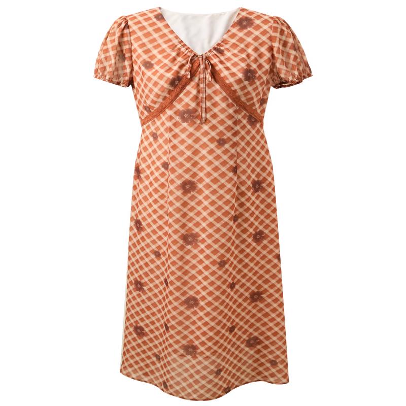 Sancai 2026 Summer Plaid V-neck A-line French Long Dress XL