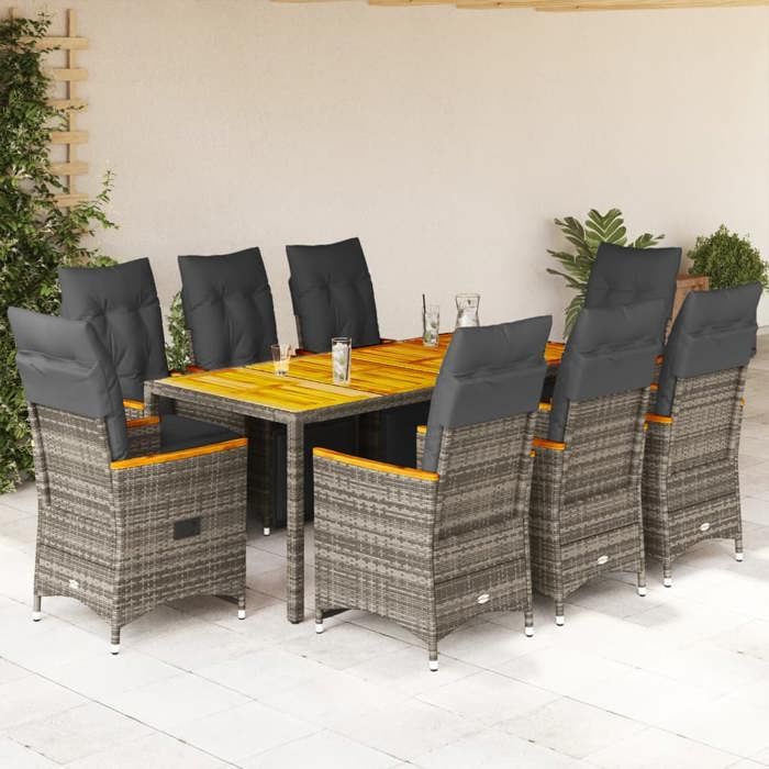 VidaXL 9-piece Garden Bistro Set Grey Cushions Poly Rattan, Garden Bistro Set, Balcony Set 3276972