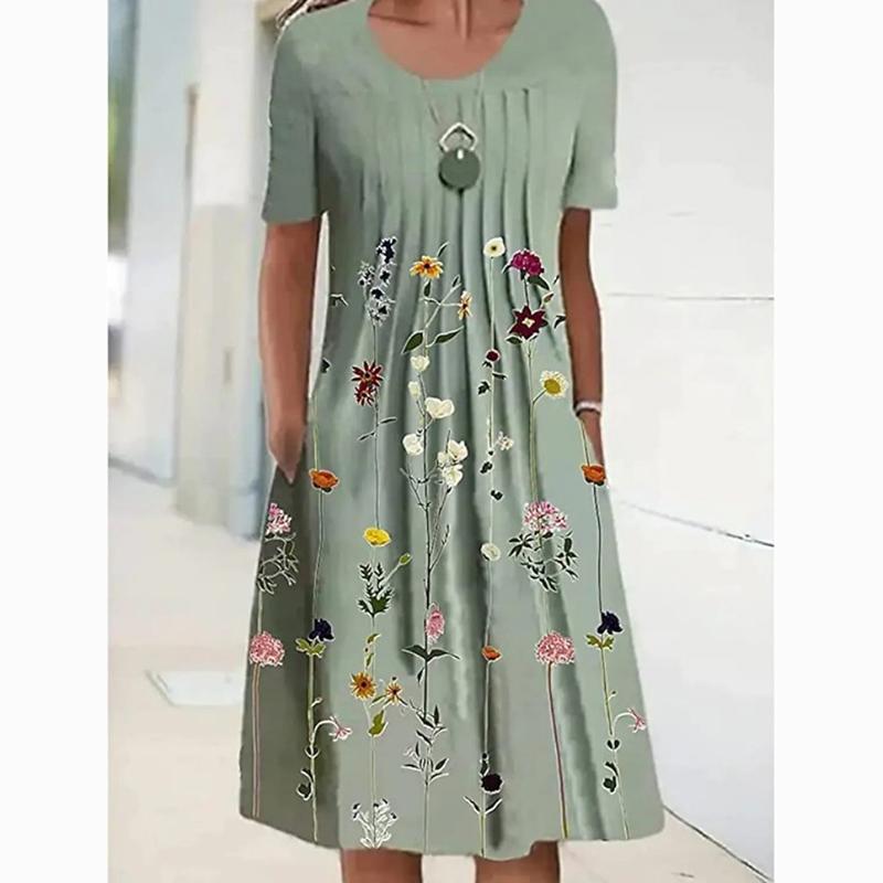 Spring Summer Floral Print Plus Size Casual Dress for Women Elegant A Line Loose Long Dress Female Pocket Round Neck Dresses 24063