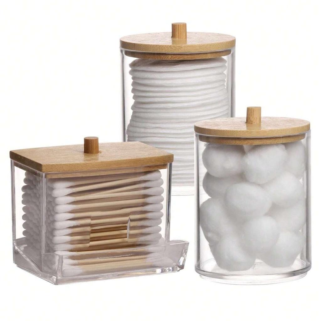 3pcs Clear Plastic Swab Dispenser and Qtip Holder for Bathroom - Storage Canister for Bath Salts, Rounds and More